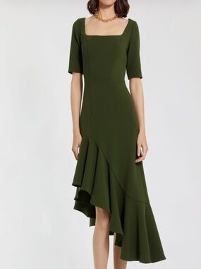 Mac Duggal Olive Green Square-Neck Asymmetric Ruffle Dress